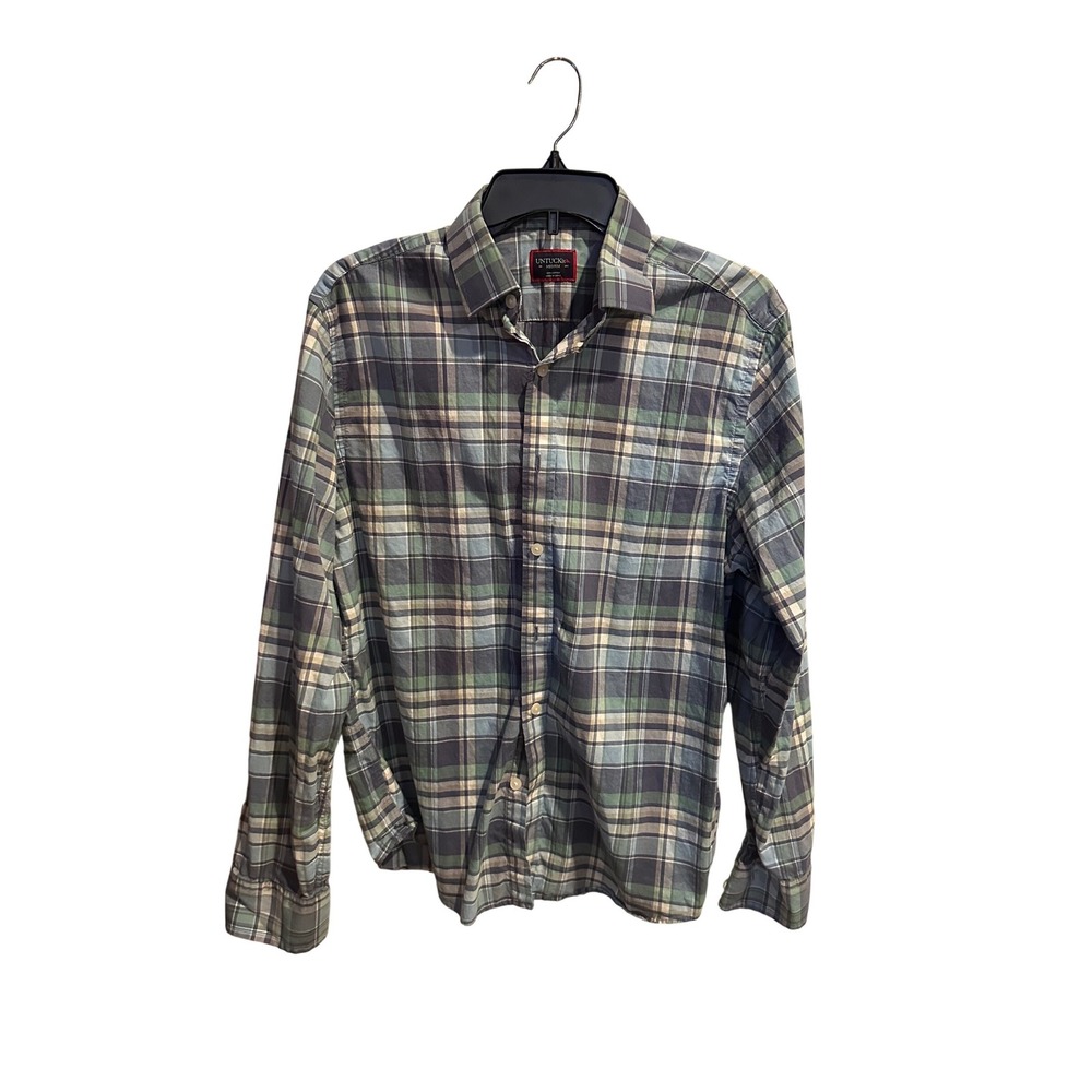 Uncommon Threads Plaid Button Up Shirt Mens Long Sleeve Blue Green Casual MED